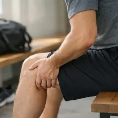 Mężczyzna siedzi, trzymając się za kolano, które boli z powodu naderwanego mięśnia. Obok torba sportowa i buty.