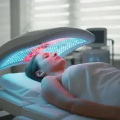 Kobieta leży pod lampą emitującą niebieskie i czerwone światło, poddając się zabiegowi fototerapii.