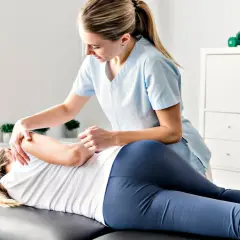 Urofizjoterapeuta wykonuje masaż pleców pacjentki leżącej na kozetce.
