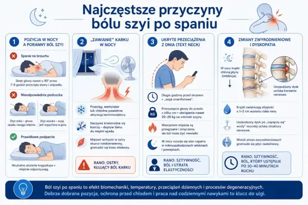 Ilustracja pokazuje przyczyny bólu szyi po spaniu: złą pozycję, przeciągi, „szyję smartfonową” i zmiany zwyrodnieniowe.