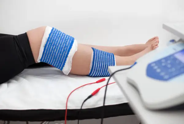 Elektrody podłączone do urządzenia rehabilitacyjnego przy nodze, gdzie widoczna jest kość piszczelowa.
